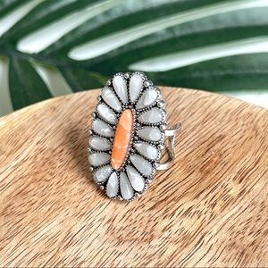 Silver Stone Floral Cream Orange Ring Boho Southwestern Adjustable New